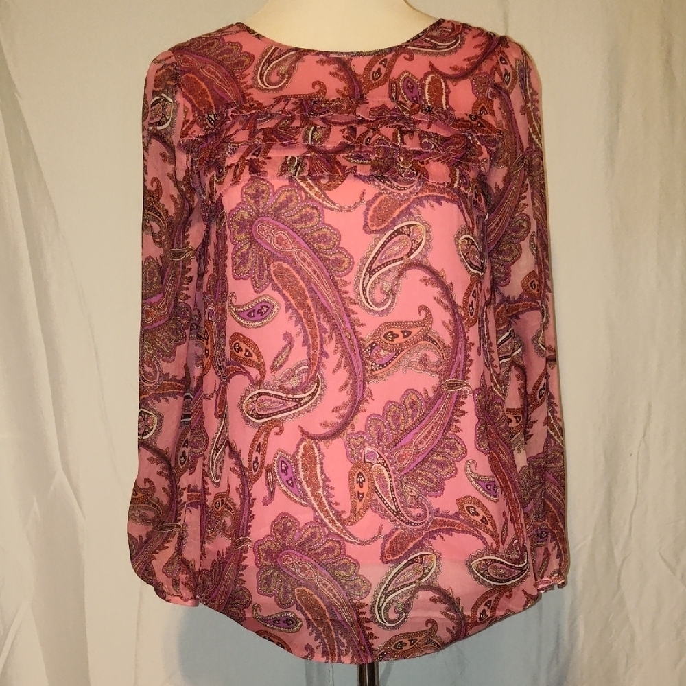 J. Crew 100% Silk Ruffle Chiffon Blouse in Vibrant Paisley SZ 0